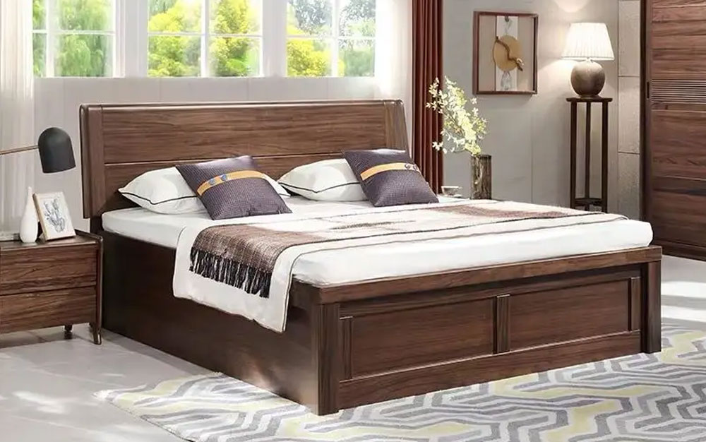 胡桃木实木床双人床主卧现代简约气压高箱储物床